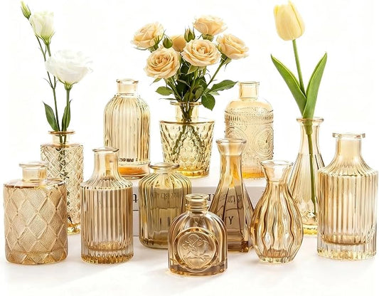 Mini Bud Vases Centerpieces for Tables,Clear Bud Vases for Flowers,Small Flower Vases Suitable for Birthday Party,Anniversary,Wedding Reception,Baby Shower (Gold, 12PCS)