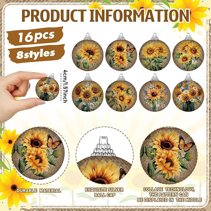 Outus 16 Pcs Vintage Summer Sunflower Ornaments Balls for Tree Summer Flower Decorations Sunflower Ornaments Farmhouse Floral Hanging Spring Decor for Small Tree Home Party Craft Decor