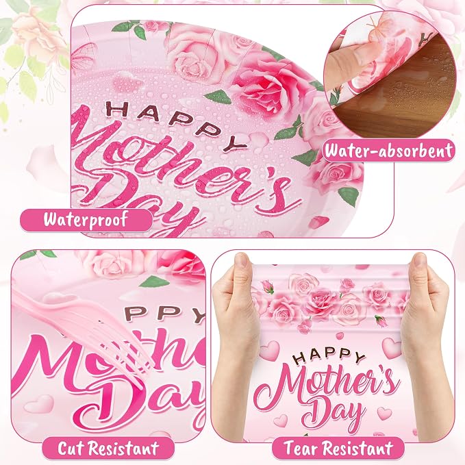 122 PCS Mothers Day Plates and Napkins Set, Serves for 30 Guests Pink Mother's Day Home Decor with Flowers, Disposable Paper Plates Napkins Plastic Forks Tablecloth for Best Mom Party Supplies