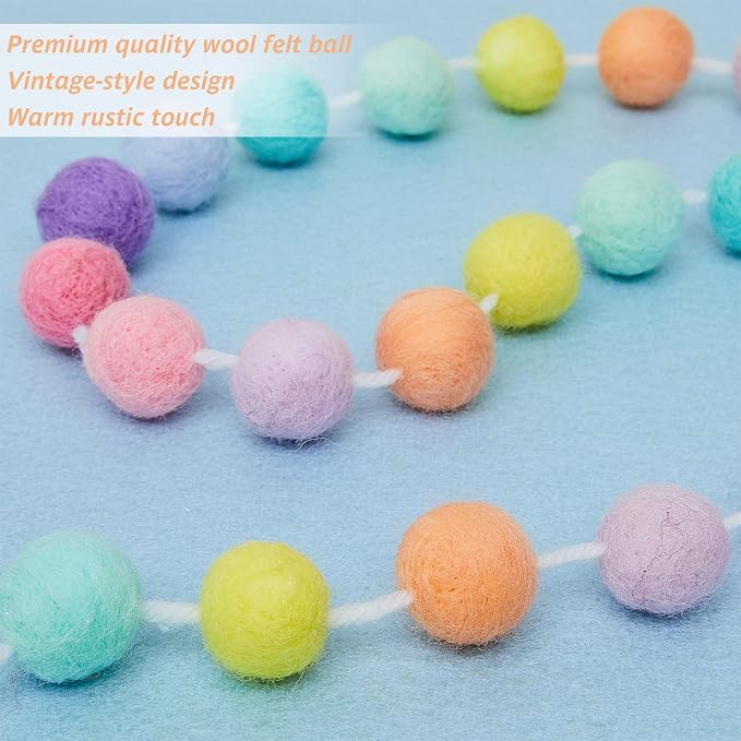 WILLBOND 2 Pieces Wool Felt Rainbow Ball Garland Colorful Pom Pom 6.5 ft Long 24 Ball Garland for Easter Mardi Gras Classroom Halloween Thanksgiving Xmas (Multiple Colors)