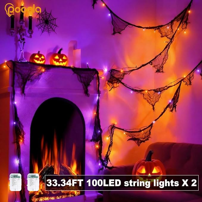 Pooqla 2 Pack Halloween String Lights Battery Operated, Total 66.6ft 200 LED Fairy Lights Indoor Outdoor Decorations, 8 Modes Orange Purple Battery Lights for Porch Party Halloween Decorations