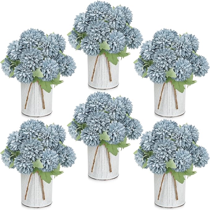 Pre-Made Flower Table Centerpieces, Set of 6 Artificial Silk Chrysanthemum with Farmhouse Metal Vases for Wedding, Birthday Parties, Home, Dining Table Decorations - Dusty Blue