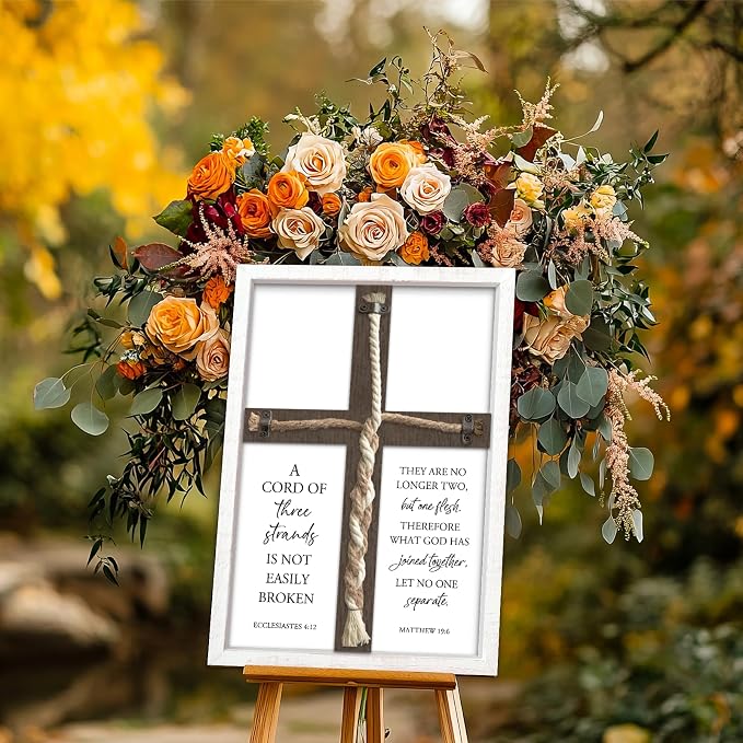 A Cord of Three Strands Wedding Unity Cross Sign Braided Rope Ceremony Art | 15x10 Inch Rustic Farmhouse White Wood Framed, Christian Marriage Prayer Wall Decor for Couples, Anniversaries & Prayer Rooms