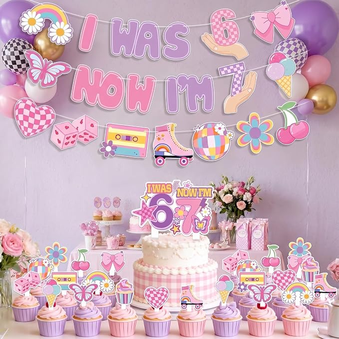 67 Birthday Decorations Set for Girls, 46PCS, Turning 7 Theme Birthday | Paper-3 Banners,24 Cupcake Toppers,1 cake Toppers,18 Balloons, i was 6 now im 7 birthday decorations