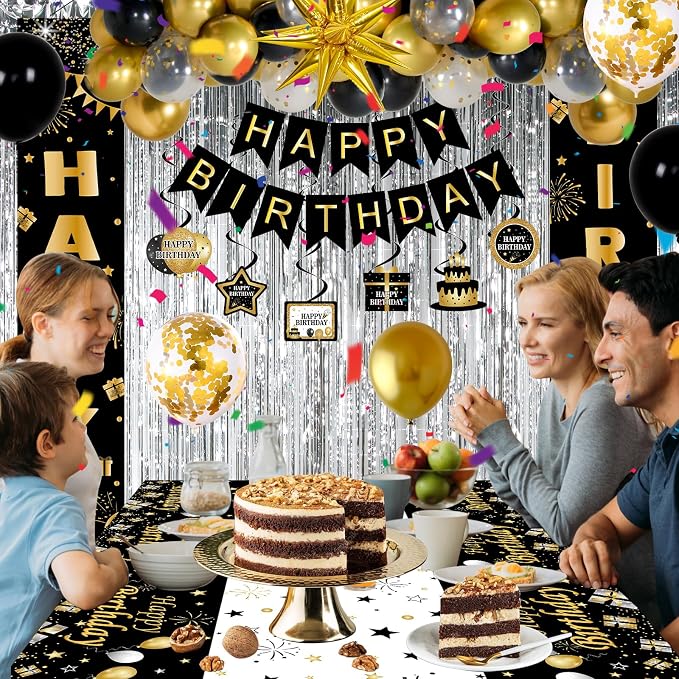 Black and Gold Birthday Decorations for Men Women, Happy Birthday Decorations Gold and Black Party Decoration Kit, Happy Birthday Banner Balloons Tablecover Fringe Curtain Swirls, Mens Man Bday Decor
