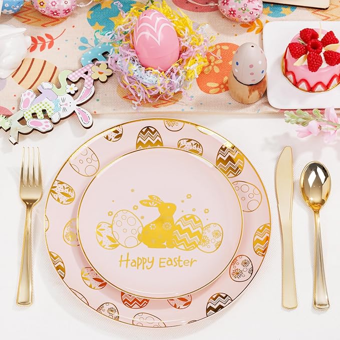 Liacere 150Pcs Easter Plates with Gold Bunny - Pink Plastic Dinnerware Includes 30 Egg and Rabbit 30 Dessert Plates, 30 Forks, 30 Spoons,30 Knives for Easter Party