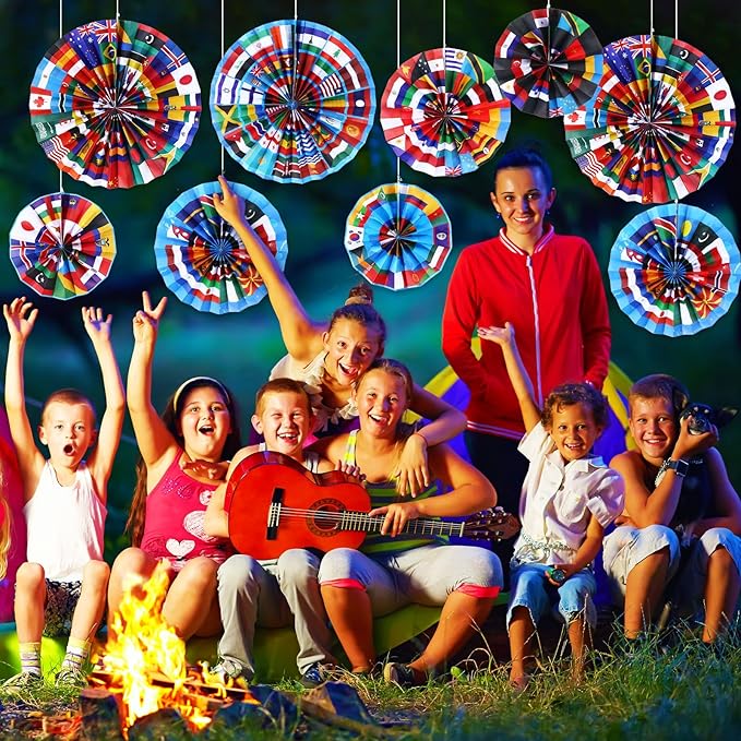 Outus 27 Pcs International World Flags Classroom Decorations Around the World Hanging Paper Fans Country Flags International Decor Party Banner Garland for Office Classroom Decor