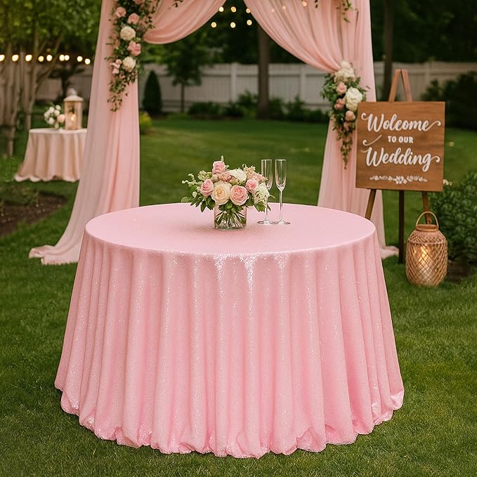Eternal Beauty Pink Tablecloth, 120 Inch Round Sequin Tablecloth for Mother's Day Party Cake Dessert Table Exhibition Events