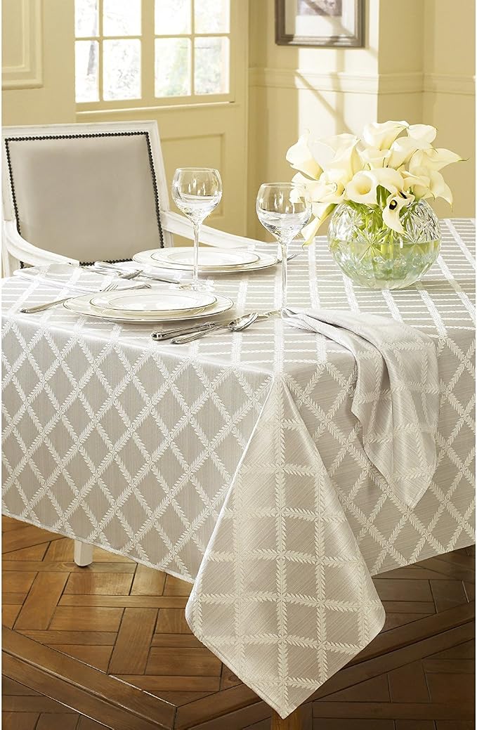 Lenox Laurel Leaf Tablecloth, Platinum - 70"W x 104"L Oval