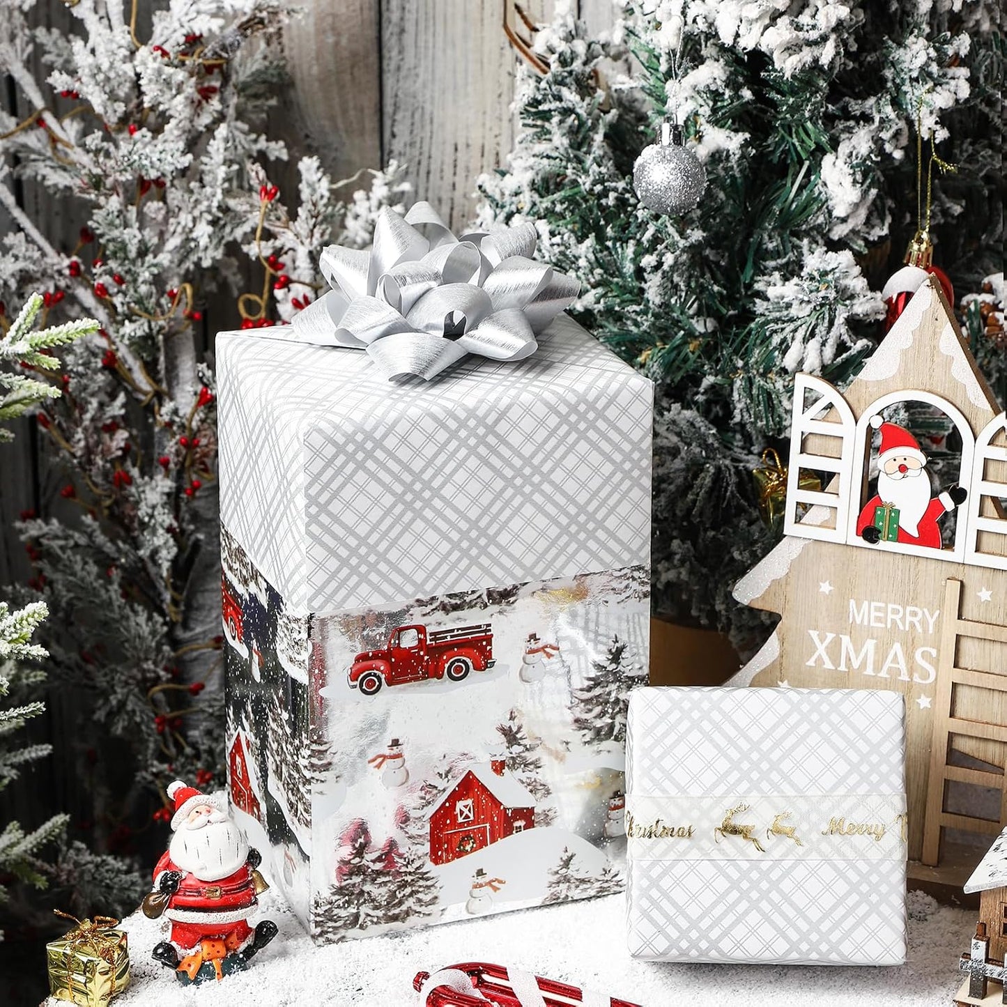 LeZakaa Christmas Silver Wrapping Paper Jumbo Roll for Boy Kid, Red Truck, Snowy Pine Forest & Grid Plaid, Silver Foil Reversible Design for Winter Holiday Family Gathering, 30 inches x 32.8 Feet