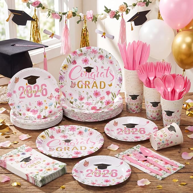 400 Pcs Class of 2026 Pink Floral Graduation Decoration for 50, Pink Gold Flower Graduation Paper Plates Napkins Cups Cutlery Congrats Grad Party Supply for Freshly Graduated Decoration