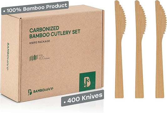 100% Bamboo Utensils - Carbonized Disposable Cutlery Biodegradable and Sanitized - Heavy Duty & Fully Functional (Knife - 400 Pieces)