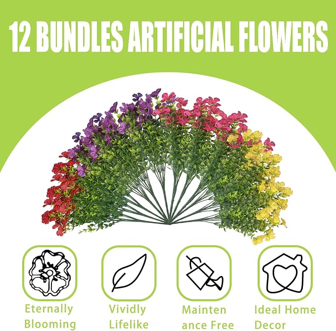 12 Bundles Artificial Flowers for Spring Summer Outdoor Decoration Faux Greenery uv Resistant Artificial Outside Flowers Fake Flowers for Porch Garden Home Patio Cemetery Decor (Mixed Color)