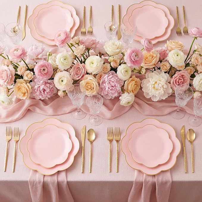 LIYH 150 Pcs Pink Dinnerware Set Pink Plastic Plates and Gold Silverware Set Gold Flower Edge Design Flower Plates Suitable for Wedding Birthday Bridal Shower(30 Guests)