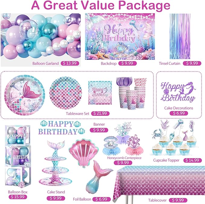 295Pcs Mermaid Birthday Decorations Serve 25, Mermaid Party Decorations Include Balloon Garland Arch, Plates, Tablecloth, Cake Topper, Cupcake Stand, Cupcake Toppers, for Under The Sea Party