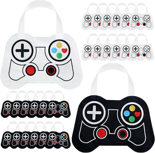 Silkfly 24 Pcs Video Game Party Favor Bags Non Woven Reusable Gaming Goodie Treat Gift Bags with Handles Gaming Party Supplies(Black,White,24 Pcs)