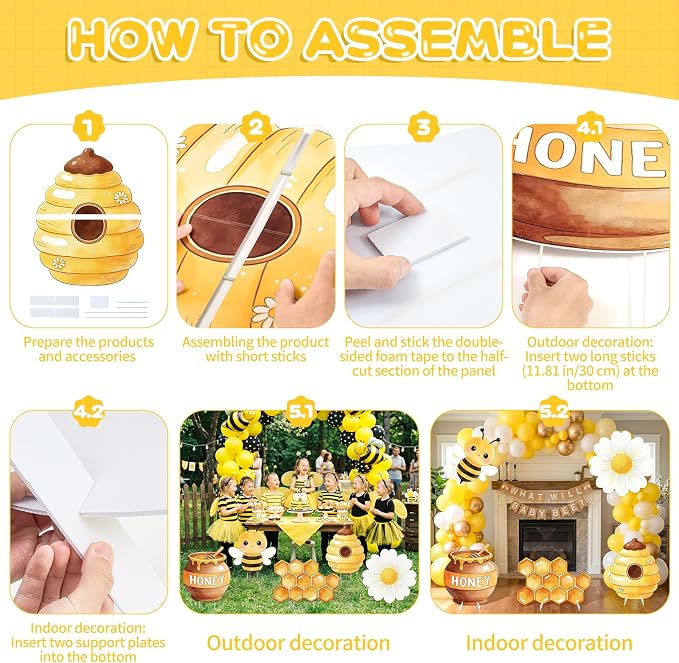 5PCS Bee Party Decorations, What Will Baby Bee Gender Reveal Decorations, Corrugated Plastic Honeybee Cardboard Cutouts for First Bee Day Birthday Party Baby Shower Photo Props Centerpieces