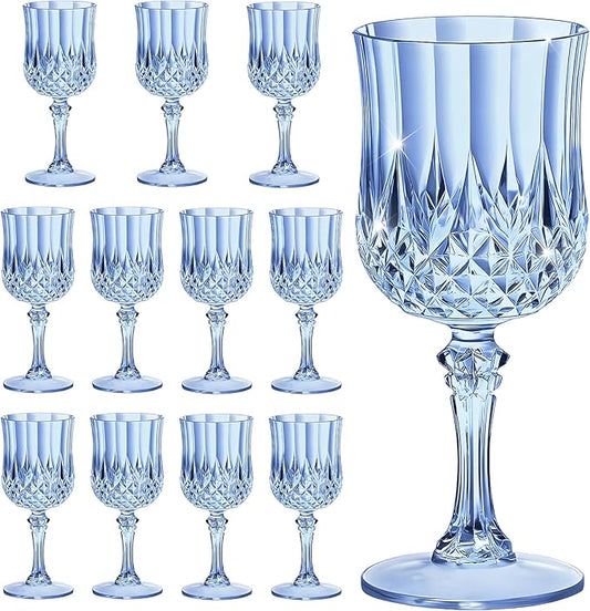 7OZ Plastic Wine Glasses, Reusable Vintage Goblets Unbreakable Drinking Glasses Crystal Water Cups Champagne for Wedding, Parties, Mother's Day (12, Blue)