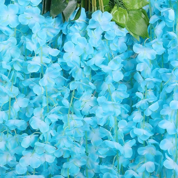 Pauwer Wisteria Hanging Flowers 12 Pack Fake Flower Garland Artificial Wisteria Vines Rattan Silk Flower String Wedding Party Wall Decorations,Blue