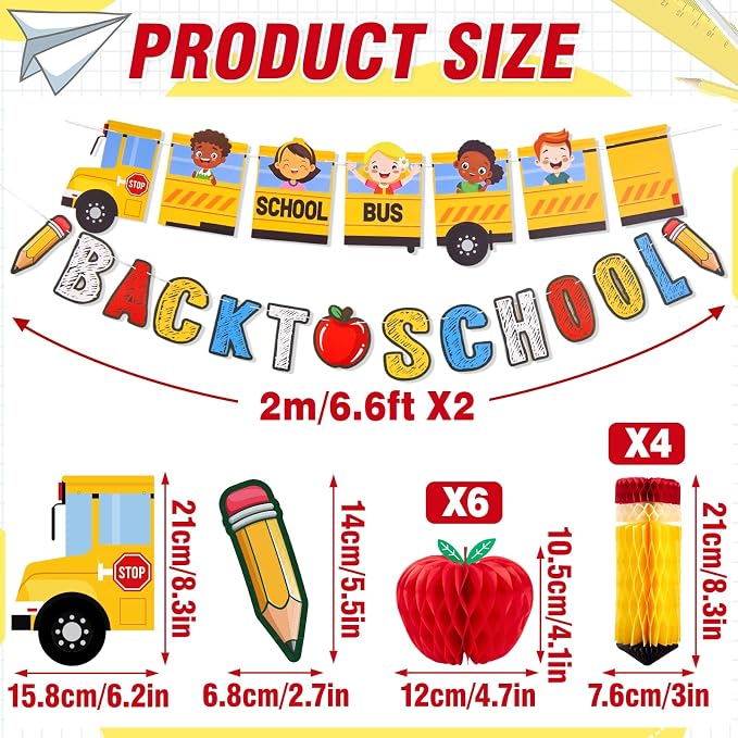 Back to School Decoration School Bus Party Banner Apple Pencil Hanging Honeycomb Welcome Back to School Classroom Kindergarten Teacher Appreciation First Day of School Bulletin Board Supplies
