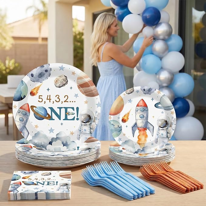 96Pcs 1st Space Birthday Party Supplies Space Planet Paper Plates Napkins and Forks Astronaut Celebration Birthday Party Decorations Solar System Dinnerware Favor for Men or Women Tableware Serves 24