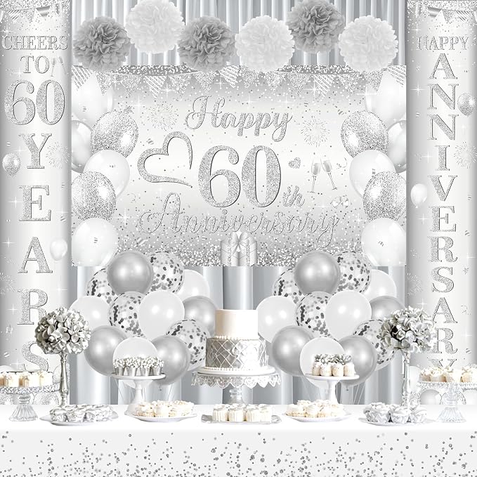 Silver Happy 60th Anniversary Decorations for Men Women, Silver 60th Wedding Anniversary Party Decorations Banner, Porch Banner, Tablecloth and Balloons Kit Party Supplies