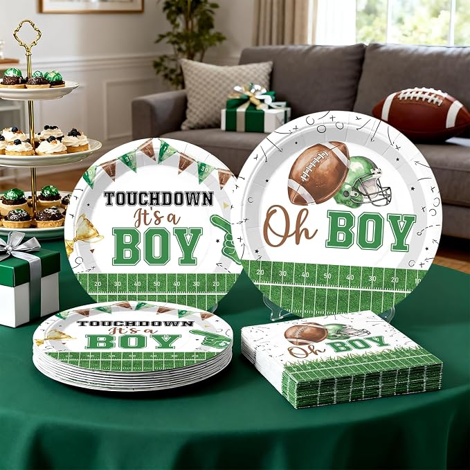 Cocomigo 287pcs Football Baby Shower Decorations for Sports Fans, All-in-one Green Football Baby Shower Set for 25 Guests, with Balloon Arch Thick Plates Tablecloths and Cupcake Toppers
