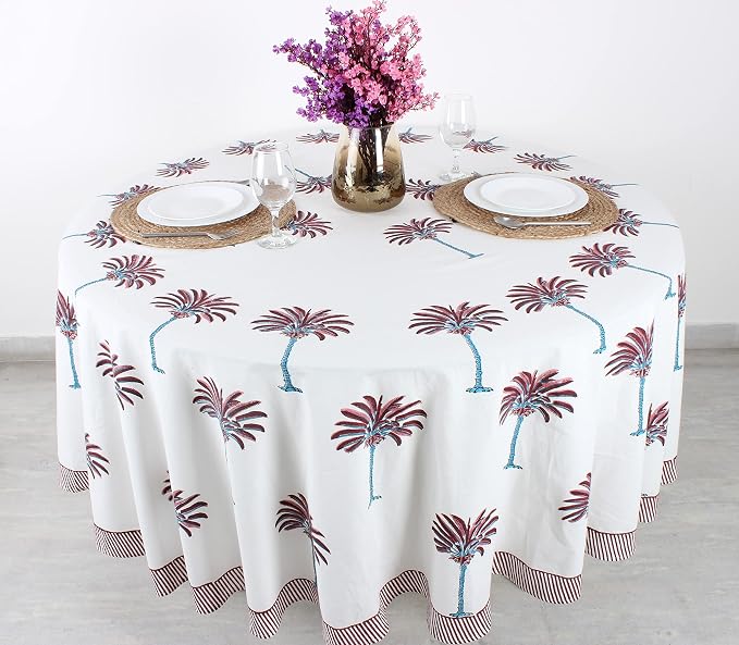 Ridhi Round Tablecloth Hand Block Print 100% Cotton Reusable Red Palm 60 Inch Table Cover Decorative Everyday Use for Dining, Home, Party, Wedding, Farmhouse, Party Gift for Spring, Mother's Day