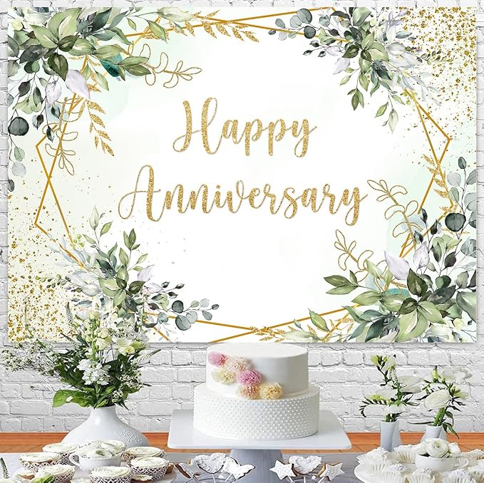 Withu Happy Anniversary Backdrop Sign Decorations Banner Sage Green Gold Photography Background Leaves Marriage Memorial 10 Years 25th 30th 40th 50th 60th Wedding Day Backdrops 6x4ft