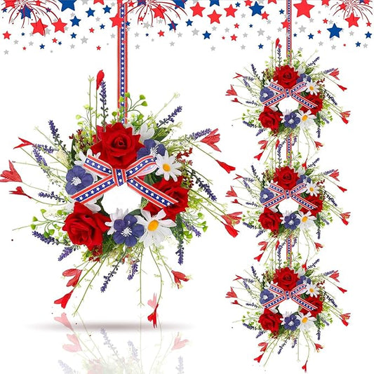 4 PCS Mini Patriotic American Cabinet Wreaths Small Red White and Blue Floral Wreath for Front Door with Ribbon Roses Daisy Forsythia July Independence Day Hanging Wreath for Porch Wall Window Decor