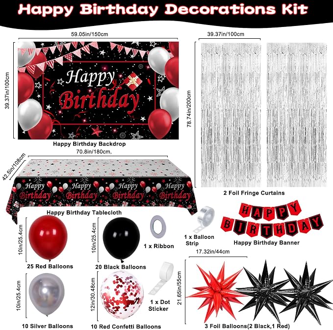 Red Black Birthday Decorations for Men Women Boys Girls, Red and Black Birthday Party Decorations with Happy Birthday Backdrop Banner Tablecloth Foil Curtain Star Balloon Arch, Red Party Supplies
