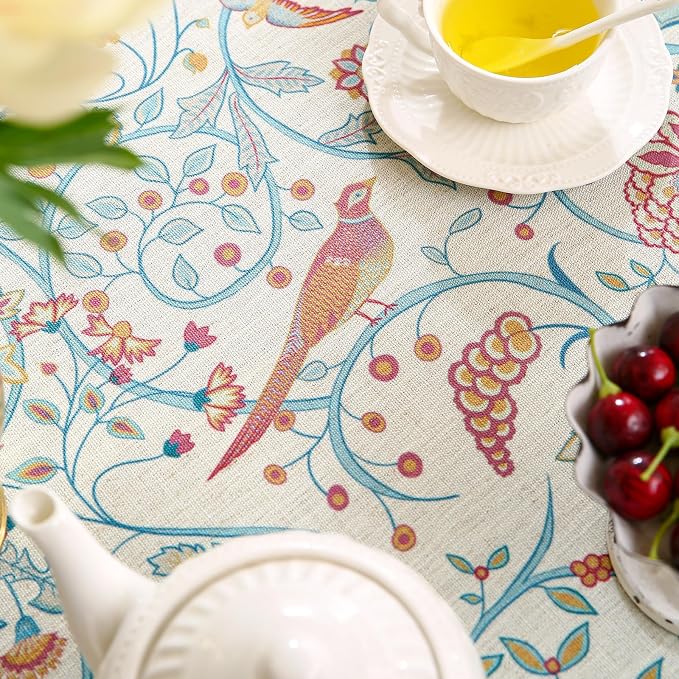 patdrea Vintage French Linen Tablecloth,Round,Diameter 67"-Magnolia | Colorful Elegant Table Cloth for Round Table,Yellow Floral Bird Print,Dining Room Tea Party Decoration,Durable