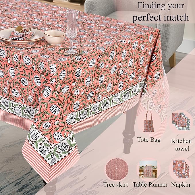 Ridhi Dark Salmon Pink Hand Block Print Cotton Rectangle Tablecloth 118" x 70" inches Reusable Table Cover Decorative Everyday Use for Dining Room, Farmhouse, Home Gift for Spring, Mother's Day