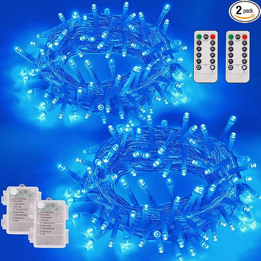 YEGUO Battery Operated String Lights, 2 Pack Each 33ft 100 LED Twinkle Fairy Lights Outdoor Waterproof, 8 Modes Clear Wire Blue Christmas Lights Indoor with Remote