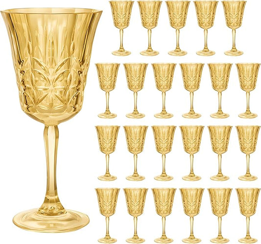 Plastic Wine Glasses 10oz Vintage Goblets Unbreakable Reusable BPA-Free Stemmed Drinking Glasses for Easter Parties, Weddings & Events Leaf-Patterned (Set of 24, Gold)