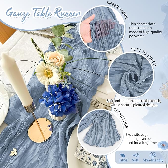 18 Pack Dusty Blue Cheesecloth Table Runner 17 x 108 inch Boho Gauze Table Runner Rustic Sheer Cheese Cloth Table Decorations for Wedding Party Baby Bridal Shower Birthday Holiday Home