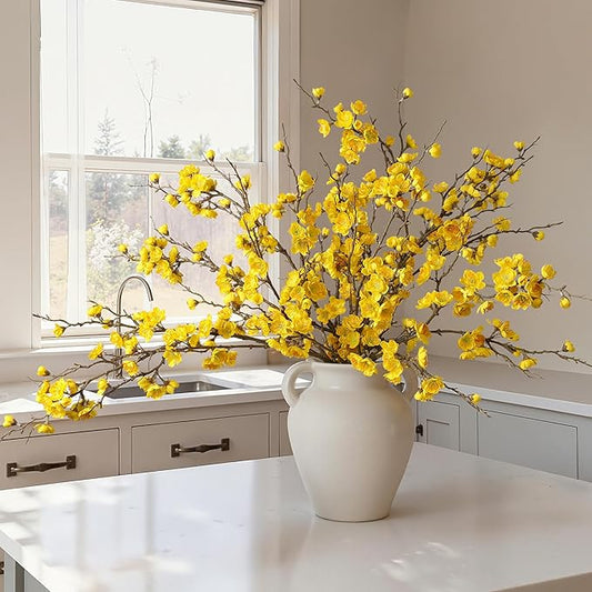 florisso 6 PCS Artificial Cherry Blossom Branches Spring Indoor Decoration, Faux Yellow Silk Flowers 34.45" Long Stems Real Touch Plum Fake Peach Plants for New Year Wedding Home Bedroom Table Office