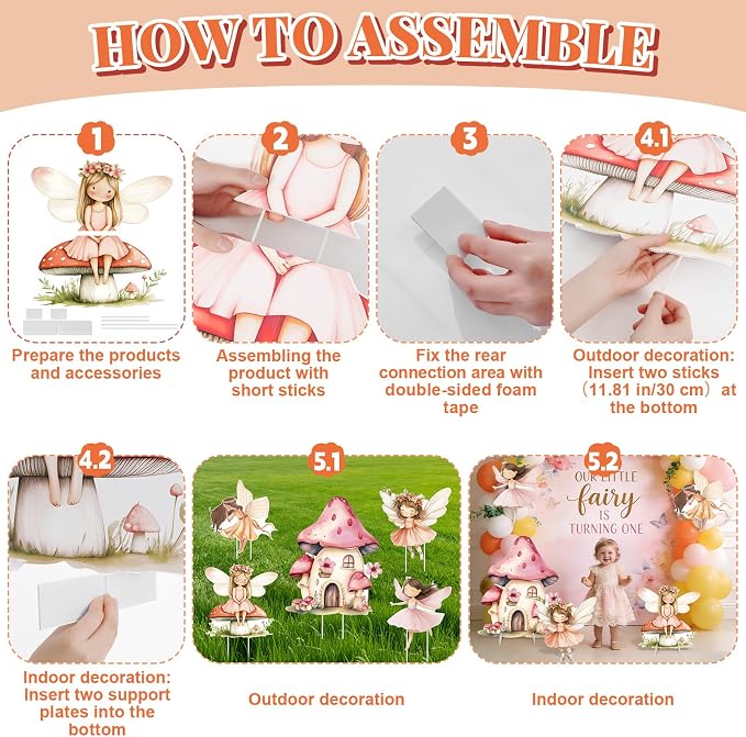 Fairy First Birthday Decoration 5PCS Floral Fairy Princess Cardboard Cutout Pink Stand Up Prop Mushroom Door Backdrop Yard Stake for Enchanted Woodland Fairytale Party Decor