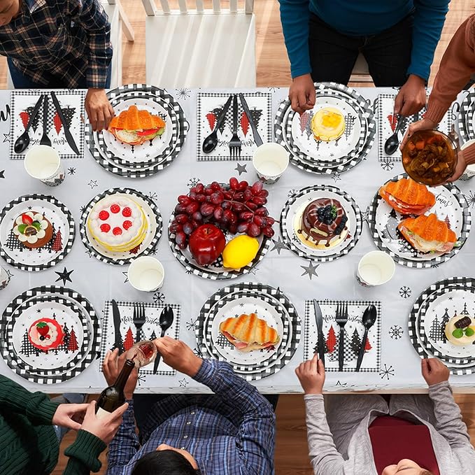 Funnymoom 452 Pcs Christmas Tree Party Supplies for 50, Black Buffalo Plaid Gingham Christmas Paper Plates Napkins Cups Tablecloth Cutlery Straws Tableware Set for Xmas Holiday Party Decorations