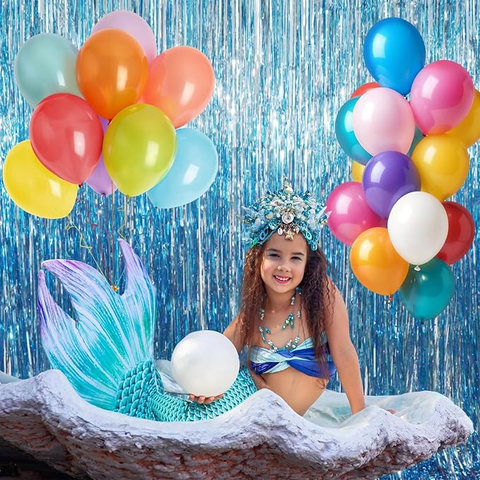 GOER 3.2 ft x 9.8 ft Metallic Tinsel Foil Fringe Curtains Party Photo Backdrop Party Streamers for Birthday,Graduation,New Year Eve Decorations Wedding Decor (4 Packs,Blue)