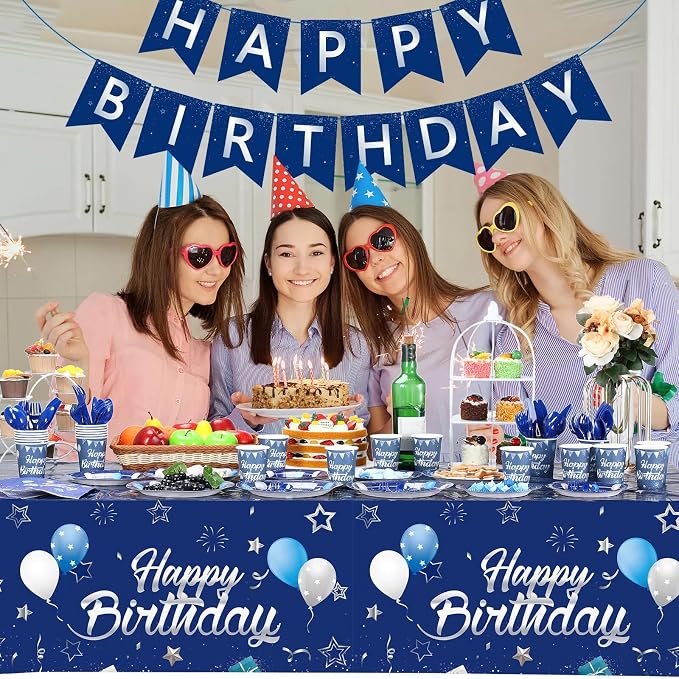 Pajean Blue and Silver Happy Birthday Party Tableware Set Navy Blue Birthday Decoration for Men Banner and Tablecloths Plates Cups Napkins Dinnerware for 24 Guests Party Supplies