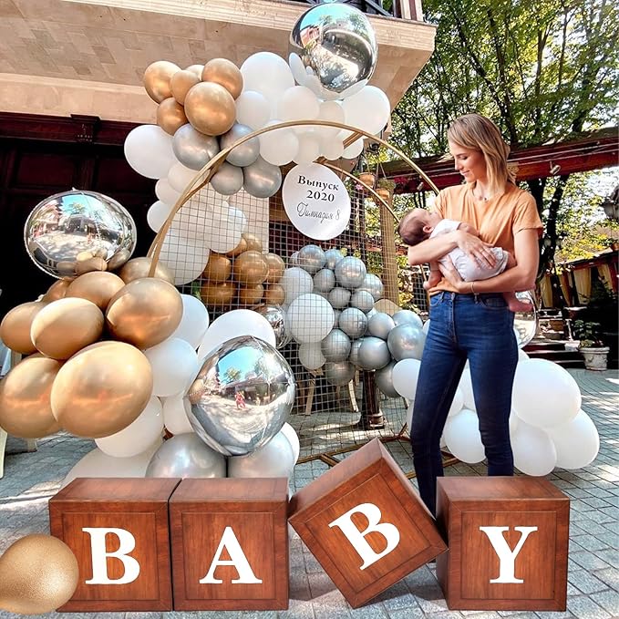 Wood Baby Shower Boxes Party Decorations - 4 Wood Grain Brown Blocks with Printed BABY Letters, Gender Reveal Backdrop,Teddy Bear Baby Shower Supplies, First Birthday Centerpiece Decor