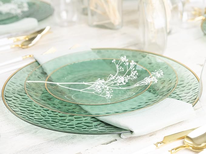 PLASTICPRO 64 Piece Combo Plates Set includes 32-7'' inch Plate & 32-10'' inch Plates Green Hammered Plastic PartyPlates Premium heavyweight Elegant, Disposable, Tableware, Dishes,