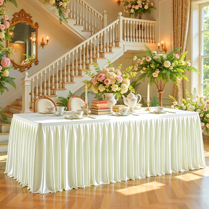 6 Packs Ivory Satin Tablecloths Rectangle 8FT, Glitter Spandex Fitted Stretch Table Covers Wrinkle-Free Floor Length Shimmer Table Skirt for Weddings Parties Baby Shower Banquets Vendor Events