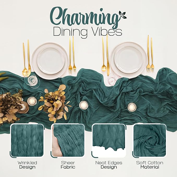 12 Pack Emerald Green Cheesecloth Table Runners 10FT Long – 35 x 120 Inch Boho Gauze Table Runners for Engagement, Wedding, Baby Shower & Home Decor – Soft Wrinkled Polyester Fabric