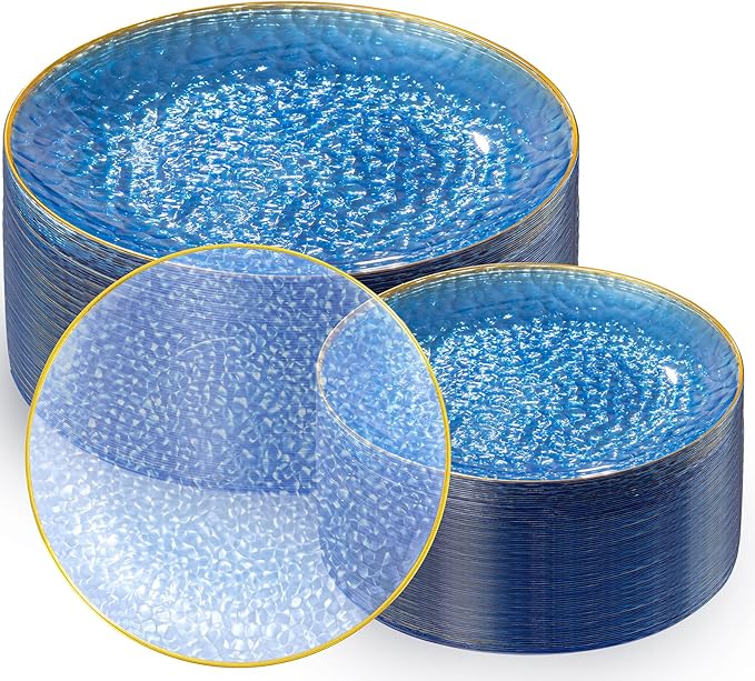 Rubtlamp 100Pcs Blue Gold Plastic Plates, Blue Disposable Plates With Gold Rim, Hammered Plastic Plates Include 50 Dessert Platos, 50 Dinner Platos for Party