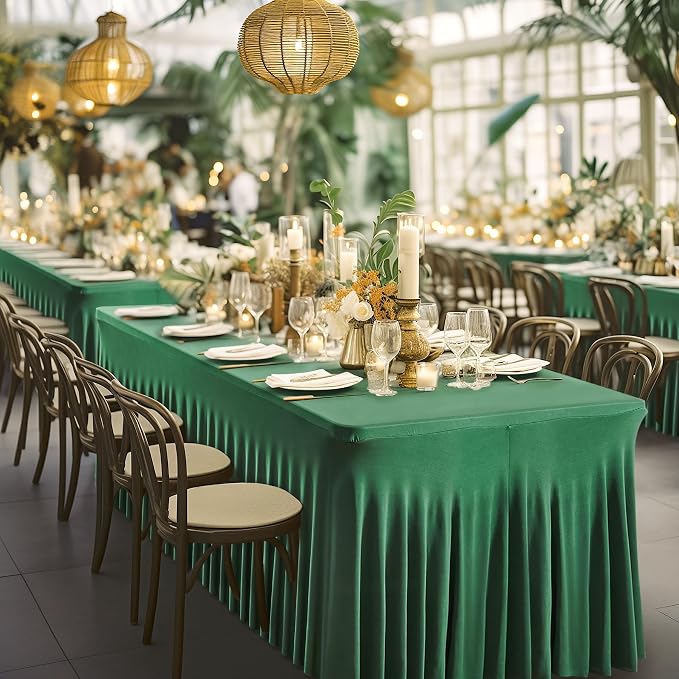 6 Packs Green Table Clothes for 6 Foot Rectangle Tables, Wrinkle Resistant Stretch Spandex Table Covers Fitted Tablecloth with Skirt for Event Banquet Wedding Birthday Party