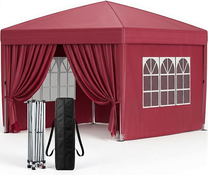 10x10 Pop Up Canopy with Sidewalls, Instant Tent with Carry Bag, Height Adjustable Waterproof Shade Canopy, for Event, Parties, Camping (Red, 10x10 with Sidewalls)