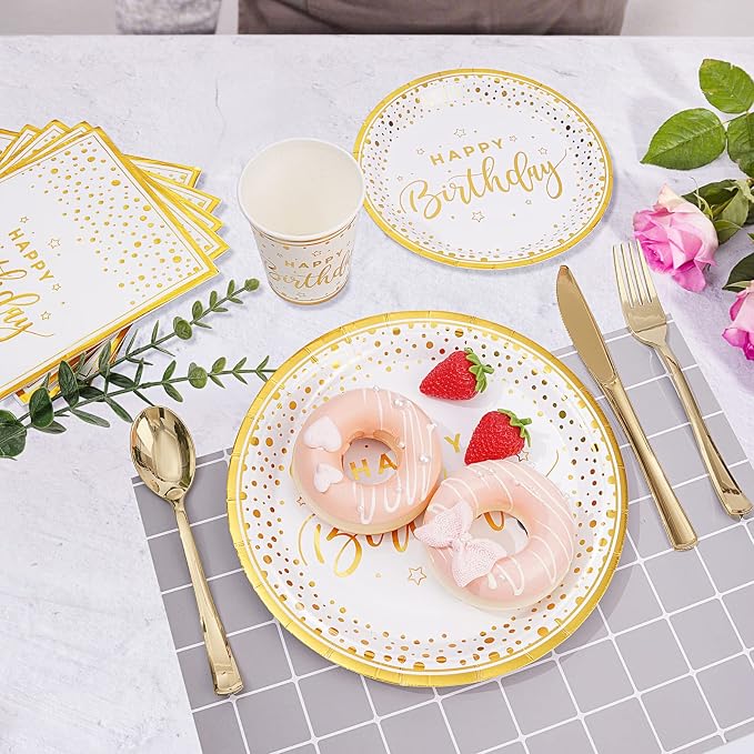 175PCS Happy Birthday Plates and Napkins Party Supplies, Gold Dot Paper Plates and Napkins with Gold Plastic Forks Knives Spoons Serve 25 Guests for Birthday Party Decorations