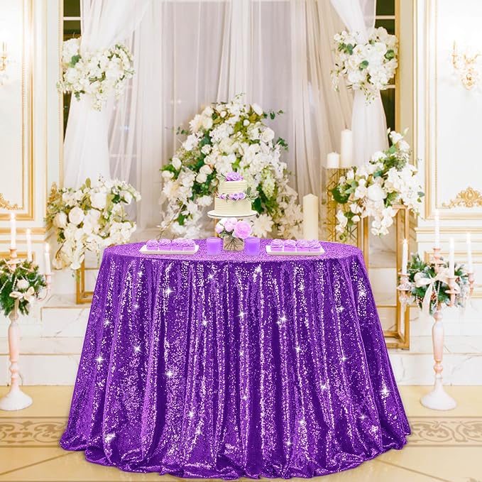B-COOL Sequin Tablecloth Round Party Decorations: Purple Table Cloth Overlay 90 Inch Sparkle Fabric for Birthday Beach Parties Halloween
